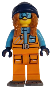 LEGO Arctic Explorer - Female, Orange Jacket, Dark Orange Braids with Dark Blue Beanie, Medium Azure Goggles, Dark Bluish Gray Snowshoes minifigure