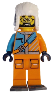 LEGO Arctic Explorer - Male, Orange and Medium Azure Jacket, Dark Blue Ushanka Hat, Black Beard, Glasses, Dark Bluish Gray Snowshoes minifigure