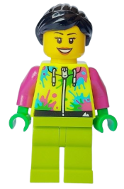 LEGO Mountain Bike Cyclist - Female, Neon Yellow Jacket with Paint Splotches, Lime Legs, Black Hair minifigure