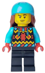 LEGO Snowboarder - Male, Geometric Jacket, Black Legs, Medium Azure Sports Helmet, Reddish Brown Long Hair minifigure