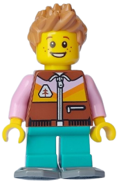 LEGO Boy - Reddish Brown Jacket, Dark Turqouise Short Legs, Medium Nougat Hair, Snowshoes minifigure