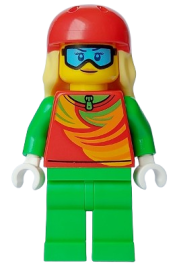 LEGO Skier - Female, Red Top, Bright Green Legs, Red Sports Helmet, Bright Light Yellow Long Hair, Ski Goggles minifigure
