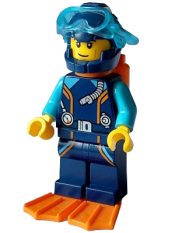LEGO Arctic Explorer Diver - Male, Dark Blue Diving Suit and Helmet, Orange Air Tanks and Flippers, Trans-Light Blue Diver Mask, Closed Smile minifigure