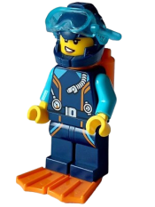 LEGO Arctic Explorer Diver - Female, Dark Blue Diving Suit and Helmet, Orange Air Tanks and Flippers, Trans-Light Blue Diver Mask minifigure