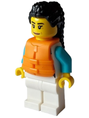 LEGO Arctic Explorer - Female, White Jacket over Medium Azure Shirt, White Legs, Black Hair, Orange Life Jacket minifigure