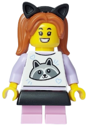 LEGO Comic Shop Customer - Child Girl, White Top with Racoon, Bright Pink Short Legs, Dark Orange Pigtails with Cat Ears minifigure