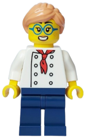 LEGO Pizza Chef - Female, White Torso with 8 Buttons, Dark Blue Legs, Nougat Hair, Glasses minifigure