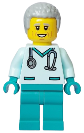 LEGO Veterinarian - Male, Light Aqua Scrubs, Dark Turquoise Legs, Light Bluish Grey Hair minifigure