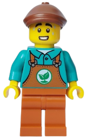 LEGO Sanitary Engineer - Male, Dark Turquoise Top, Dark Orange Overalls and Legs, Reddish Brown Cap minifigure