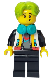 LEGO DJ - Male, White Jacket, Black Legs, Lime Hair, Headphones minifigure