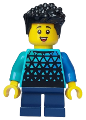 LEGO Child Boy, Medium Azure Top with Triangles, Dark Blue Short Legs, Black Hair minifigure