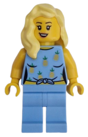 LEGO Car Driver - Female, Bright Light Blue Knotted Top with Pineapples and Legs, Bright Light Yellow Hair minifigure