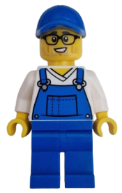 LEGO Car Cleaner - Male, Blue Overalls over V-Neck Shirt, Blue Legs, Blue Cap, Glasses, Stubble minifigure