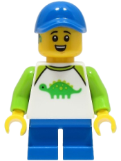 LEGO Boy - White Dinosaur Shirt with Lime Sleeves, Blue Short Legs, Blue Cap minifigure