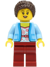 LEGO Mom - White Shirt with Coral Flowers, Bright Light Blue Jacket, Dark Red Legs, Dark Brown Braided Hair with Knot Bun minifigure