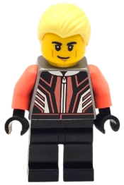 LEGO Race Car Driver - Male, Black and Coral Racing Suit, Black Legs, Bright Light Yellow Hair minifigure