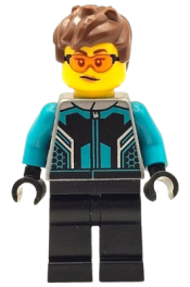 LEGO Race Car Driver - Female, Black and Dark Turquoise Racing Suit, Black Legs, Reddish Brown Hair, Safety Glasses minifigure