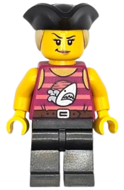 LEGO Pirate Monster Truck Driver - Female, Magenta Tank Top with Coral Stripes and Silver Shark, Pearl Dark Gray Legs, Black Tricorne Hat with Tan Ponytail minifigure