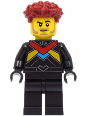 LEGO Race Car Driver - Male, Black Racing Suit with Red, Dark Azure and Bright Light Orange Stripes, Dark Red Hair minifigure