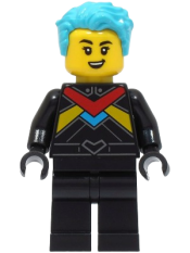 LEGO Race Boat Driver - Female, Black Racing Suit with Red, Dark Azure and Bright Light Orange Stripes, Medium Azure Hair minifigure