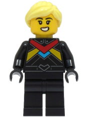 LEGO Monster Truck Driver - Female, Black Racing Suit with Red, Dark Azure and Bright Light Orange Stripes, Bright Light Yellow Hair minifigure