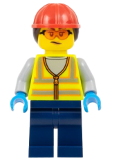 LEGO Airport Worker - Female, Neon Yellow Safety Vest, Dark Blue Legs, Red Construction Helmet with Dark Brown Ponytail Hair, Safety Glasses minifigure