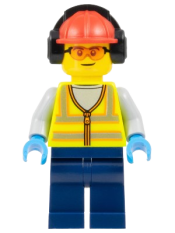 LEGO Airport Worker - Male, Neon Yellow Safety Vest, Dark Blue Legs, Red Construction Helmet with Black Ear Protectors / Headphones, Safety Glasses minifigure