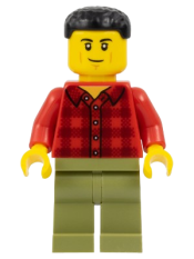 LEGO Plane Passenger - Male, Red Plaid Flannel Shirt, Olive Green Legs, Black Short Hair minifigure