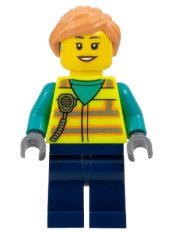 LEGO Airport Worker - Female, Neon Yellow Safety Vest with Radio, Dark Blue Legs, Nougat Ponytail Hair, Hearing Aid minifigure