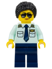 LEGO Passenger Plane Pilot - Female, Light Aqua Uniform Shirt with Tie, Dark Blue Legs, Black Braided Hair with Knot Bun, Sunglasses minifigure