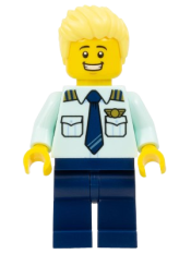 LEGO Passenger Plane Pilot - Male, Light Aqua Uniform Shirt with Tie, Dark Blue Legs, Bright Light Yellow Spiked Hair Swept Up minifigure