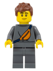 LEGO Plane Passenger - Male, Dark Bluish Gray Tracksuit, Reddish Brown Short Spiky Hair, Belt Bag minifigure