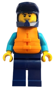 LEGO Water Scooter Driver - Male, Dark Blue Diving Suit and Dirt Bike Helmet, Orange Life Jacket, Lopsided Smirk minifigure