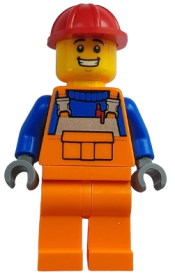 LEGO Construction Worker - Male, Orange Overalls with Reflective Stripe and Buckles over Blue Shirt, Orange Legs, Red Construction Helmet, Open Mouth Smile minifigure