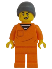 LEGO Police - City Jail Prisoner Male, Orange Prison Jumpsuit, Dark Bluish Gray Beanie, Scruff Mark minifigure