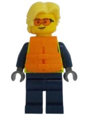 LEGO Police - City Officer Male, Neon Yellow Safety Vest, Orange Safety Glasses and Life Jacket, Bright Light Yellow Hair minifigure