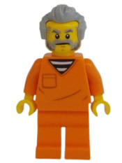 LEGO Police - City Jail Prisoner Male, Orange Prison Jumpsuit, Light Bluish Gray Hair, Beard and Sideburns minifigure