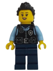 LEGO Police - City Officer Female, Black Safety Vest, Dark Blue Legs, Black Hair Long with Braided Ponytail minifigure