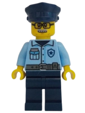 LEGO Police - City Officer Male, Bright Light Blue Shirt, Dark Blue Legs, Light Bluish Gray Moustache and Black Glasses minifigure