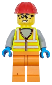 LEGO Construction Worker - Male, Neon Yellow Safety Vest, Orange Legs, Red Construction Helmet, Black Glasses minifigure