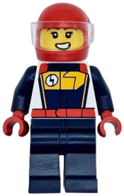 LEGO Race Car Driver - Female, White, Dark Blue and Bright Light Orange Racing Suit, Dark Blue Legs, Red Helmet minifigure