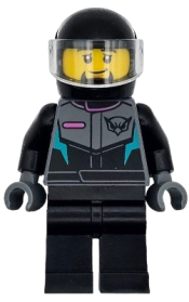 LEGO Race Car Driver - Male, Black, Dark Bluish Gray and Dark Turquoise Racing Suit with Hawk, Black Legs, Helmet minifigure