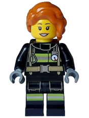 LEGO Fire - Female, Black Jacket and Legs with Reflective Stripes, Dark Orange Hair Wavy, Loose Braid minifigure