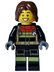 LEGO Fire - Male, Black Jacket and Legs with Reflective Stripes and Red Collar, Dark Brown Hair Mid-Length Tousled minifigure