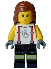 LEGO Fire - Female, White Shirt with Suspenders, Legs with Reflective Stripes, Reddish Brown Hair with Braid minifigure