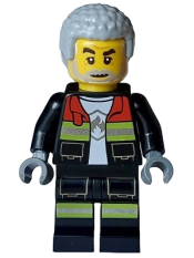 LEGO Fire - Male, Black Open Jacket and Legs with Reflective Stripes and Red Collar, Light Bluish Gray Coiled Hair minifigure