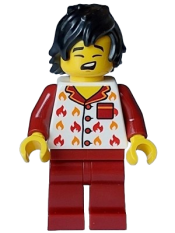 LEGO Fire - Male, White Jacket with Flames, Dark Red Legs, Black Tousled Hair minifigure