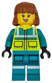 LEGO Ambulance Driver - Female, Dark Turquoise and Neon Yellow Safety Vest, Legs with Silver Reflective Stripes, Dark Orange Mid Length Hair minifigure