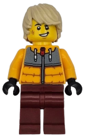 LEGO Snowboarder - Male, Bright Light Orange Jacket, Dark Red Legs, Tan Tousled Hair, Scuff Mark minifigure