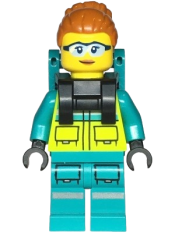 LEGO Paramedic - Female, Dark Turquoise and Neon Yellow Safety Vest, Legs with Silver Reflective Stripes, Dark Orange High Bun, Backpack minifigure